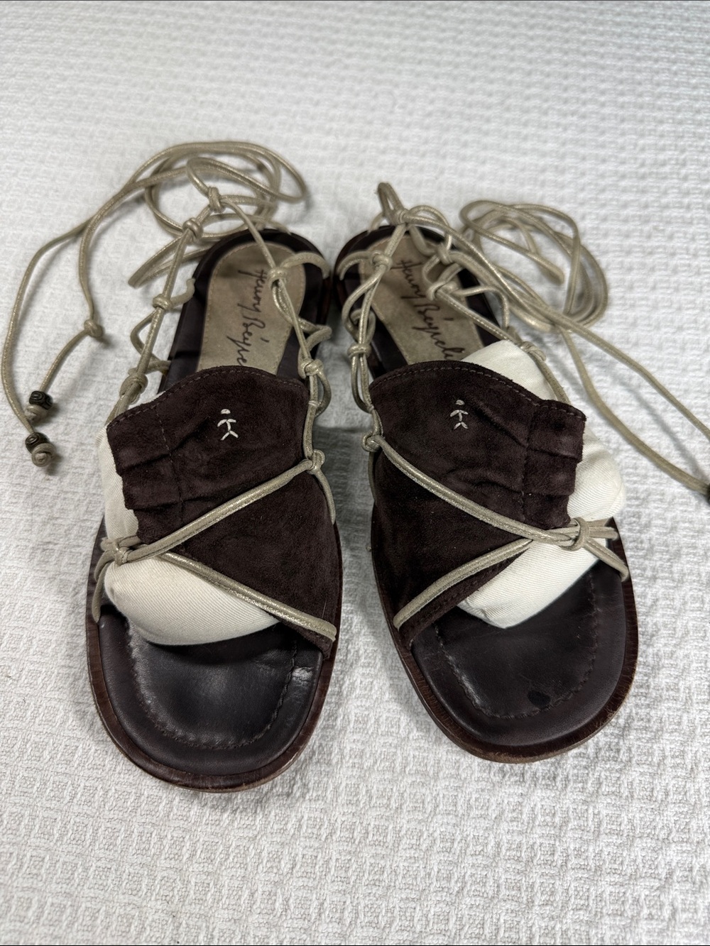 Henry Beguelin dark chocolate brown suede & champagne leather sandals size 37.5